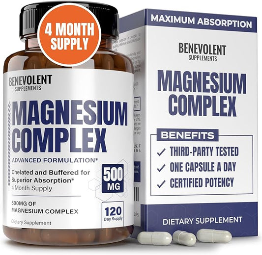 Magnesium Complex Supplement, 4 Month Supply of 500mg 5-in-1 Magnesium Bisglycinate, Oxide, Taurate, Chelate, Citrate, Max Absorption Magnesium Supplement for Calm, Sleep & Leg Cramps, 120 Capsule