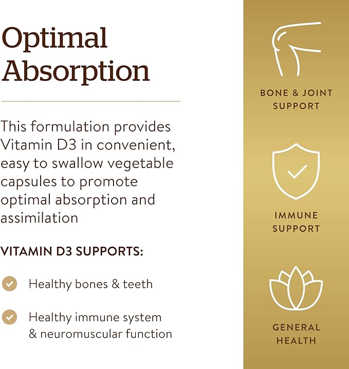 Solgar Vitamin D3 (Cholecalciferol) 125 mcg (5000 IU), 240 Vegetable Capsules - Helps Maintain Healthy Bones & Teeth - Immune System Support - Non-GMO, Gluten Free, Dairy Free, Kosher - 240 Servings