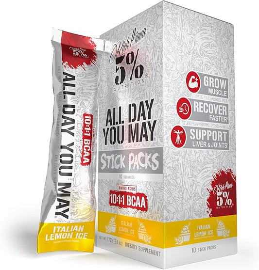 5% Nutrition Rich Piana AllDayYouMay BCAA Powder | 9g of Premium Intra & Post Workout Amino Acids for Hydration, Endurance, Muscle Recovery, Joint & Liver Support (Italian Lemon Ice)
