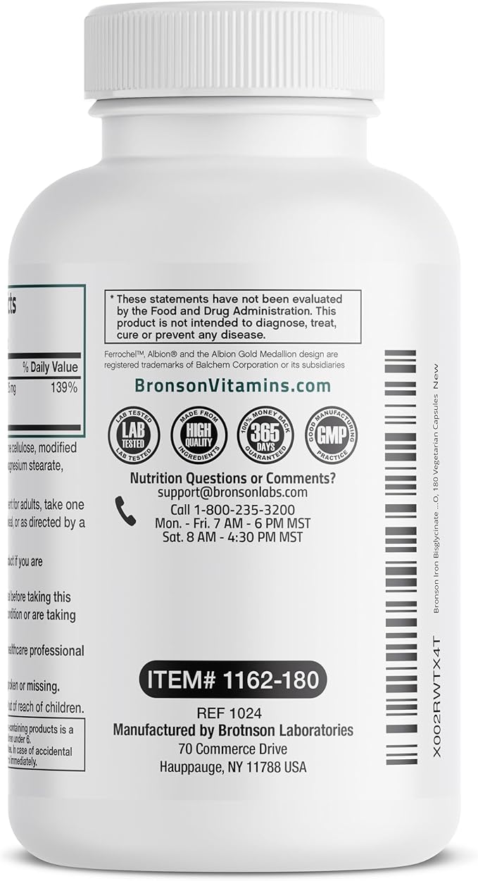 Bronson Iron Bisglycinate 25 mg Gentle on The Stomach, Supports Energy & Healthy Red Blood Cell Production - Non-Constipating Formula - Non GMO, 180 Vegetarian Capsules