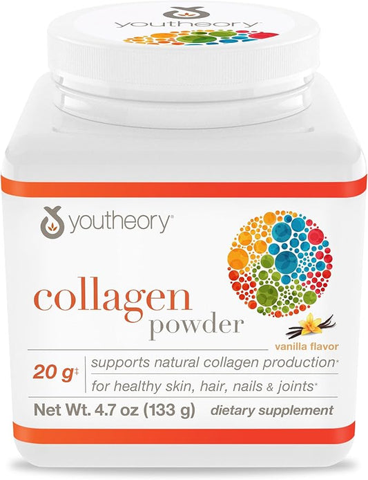 Youtheory Collagen Powder - Premium Collagen Supplement with Vitamin C & Biotin - Supports Healthy Hair, Nails, Skin & Joints* - Dairy, Soy & Gluten Free - Vanilla, 4.7 oz