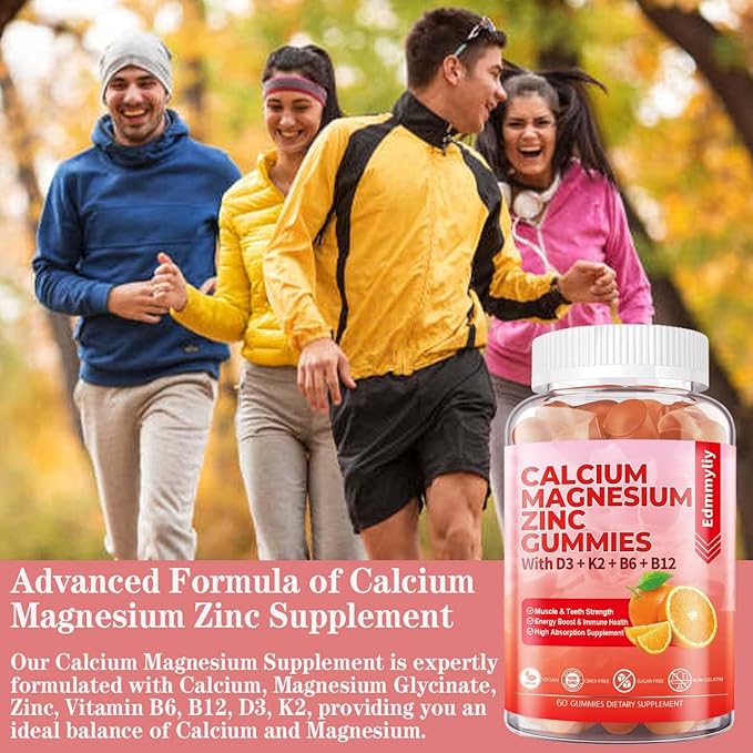 Sugar Free Calcium Magnesium Zinc Supplement Gummies with Vitamin D3 & B12 for Women and Men High Absorption Calcium Magnesium Supplement for Bone & Teeth Strength, Muscle & Immune (120 Counts)