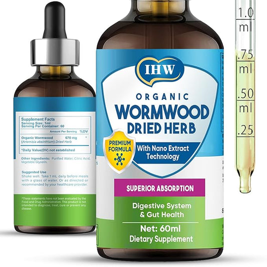 IHW Wormwood Liquid Drops, Organic Wormwood Drops with Black Walnut for Digestive and Intestinal System Support, Extra Strength Oral Gut Health Supplements