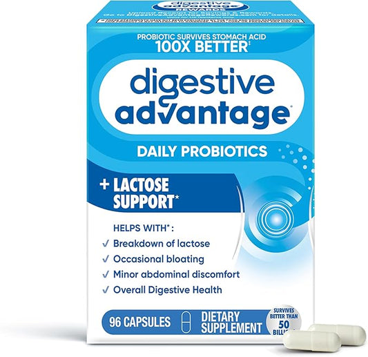 Digestive Advantage Probiotics + Lactase Digestive Enzymes For Digestive Health, Daily Probiotics For Women Men Occasional Bloating, Lactose Breakdown, Minor Abdominal Discomfort, Immune Support, 96ct