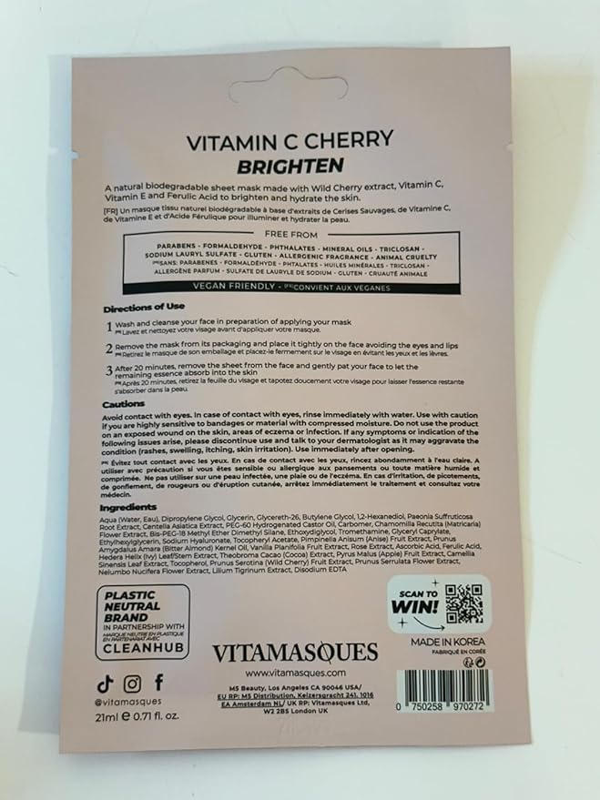 Vitamasques Vitamin C Cherry Face Sheet Mask 7 Pack - Brightens, Protects & Boosts Hydration with Antioxidants, Vitamin C and Ferulic Acid - Natural - Vegan, Free from Parabens & Gluten