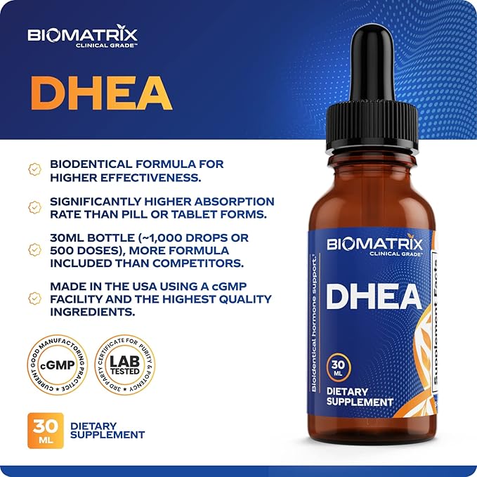 BioMatrix DHEA Liquid Hormone Supplement for Adrenal, Brain, Heart, Bone | Micronized and Liquified for Maximum Absorption, Precision Dosing, Efficacy DHEA (30 ML, 1200mg Total)