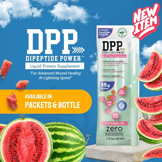 Nutritional Designs DPP Dipeptide, Wound-Healing Liquid Collagen & Whey Protein Supplement, Sugar-Free, Promotes Healthy Skin & Hair for Men & Women (Watermelon, Bottle 32 Fl Oz)