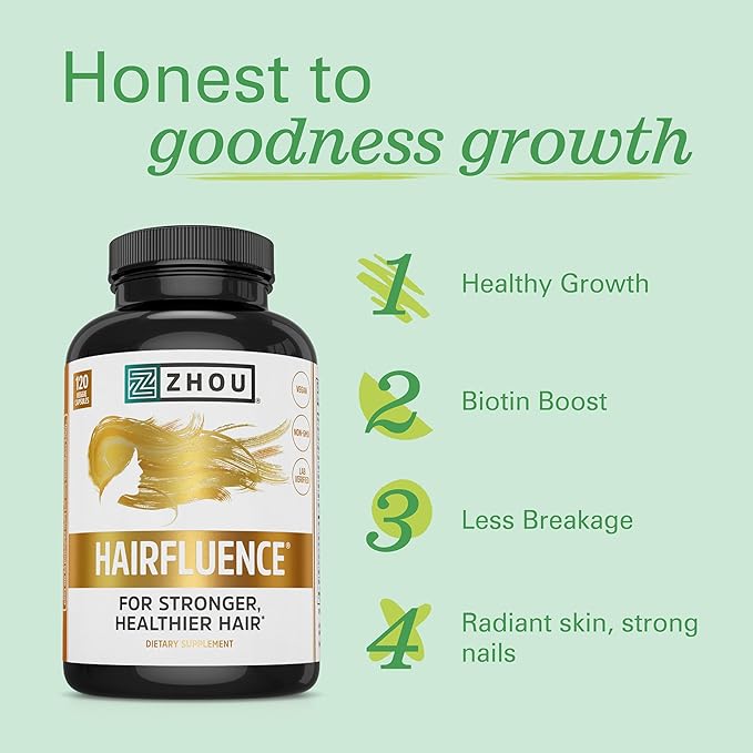 ZHOU Hairfluence, Hair Growth Supplement with Clinically Studied Lustriva and Keranat and Hair Vitamins Biotin 5000mcg, Vitamin D, A, C & B12, Non-GMO, Gluten Free, 120 VegCaps