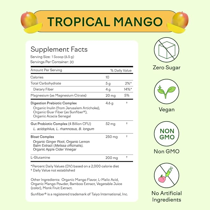 Feel Goods Gut Guardian, Prebiotic & Probiotic Powder, Sugar Free, Organic Fiber, Herbs for Bloat, Gut Health Support, Digestive Health for Men & Women, Non GMO, Vegan | Tropical Mango, 30CT