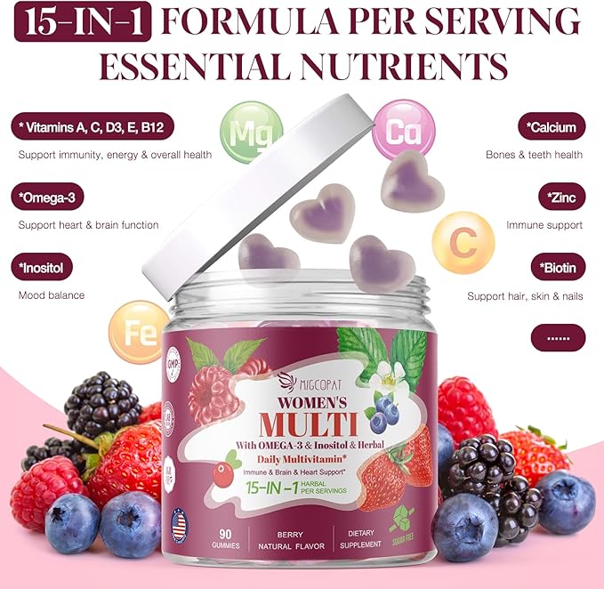 Womens Multivitamin Gummies with Prebiotics, Omega-3, Inositol, FOS, Vitamins A, C, D3, E, B12 – Sugar-Free Daily Support Heart, Brain Health, Gut, Digestion, Energy, Immune, Berry Flavor