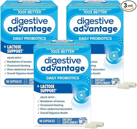 Digestive Advantage Lactose Defense with Lactase Enzymes & Probiotics for Digestive Health, Support for Breaking Down Lactose, Minor Abdominal Discomfort & Gut Health, 96ct Capsules (Pack of 3)