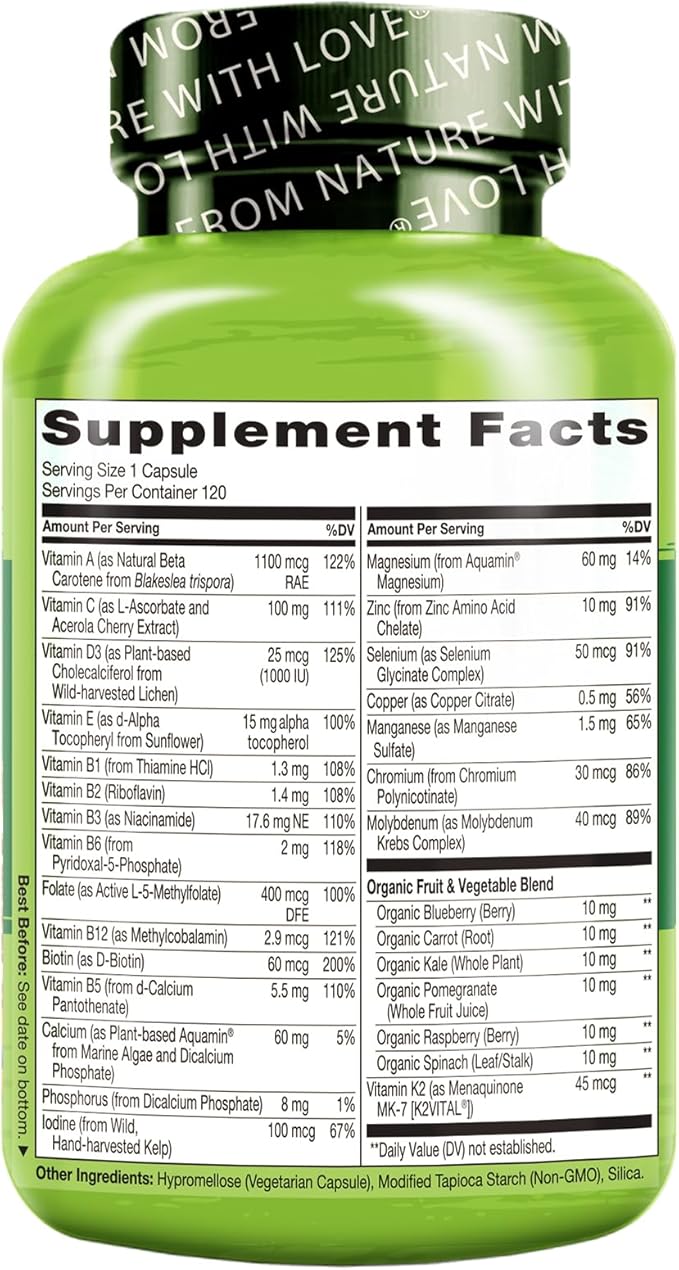 NATURELO Mens Multivitamins for Men 50+ - One Daily Multivitamin for Men with Vitamins, Minerals & Organic Whole Foods, Boost Energy & Health, Non-GMO, 120 Vegetarian Capsules