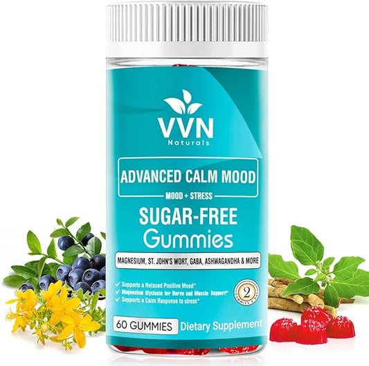 Sugar Free 22 in 1 Calm Mood Gummies St. John's Wort, 5-HTP, GABA, Ashwagandha| Magnesium Glycinate Gummies | Non-GMO, Natural Support Stress & Relaxation, Mood & Energy | Vegan, 60 ct.