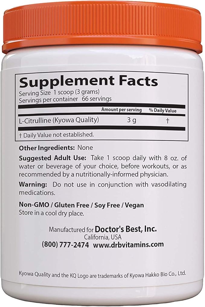Doctor's Best L-Citrulline Powder, Helps Improve Circulation & Muscle Maintenance, Non-GMO, Vegan, Gluten Free, Soy Free, 200g