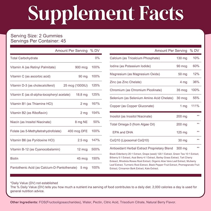 Womens Multivitamin Gummies with Prebiotics, Omega-3, Inositol, FOS, Vitamins A, C, D3, E, B12 – Sugar-Free Daily Support Heart, Brain Health, Gut, Digestion, Energy, Immune, Berry Flavor