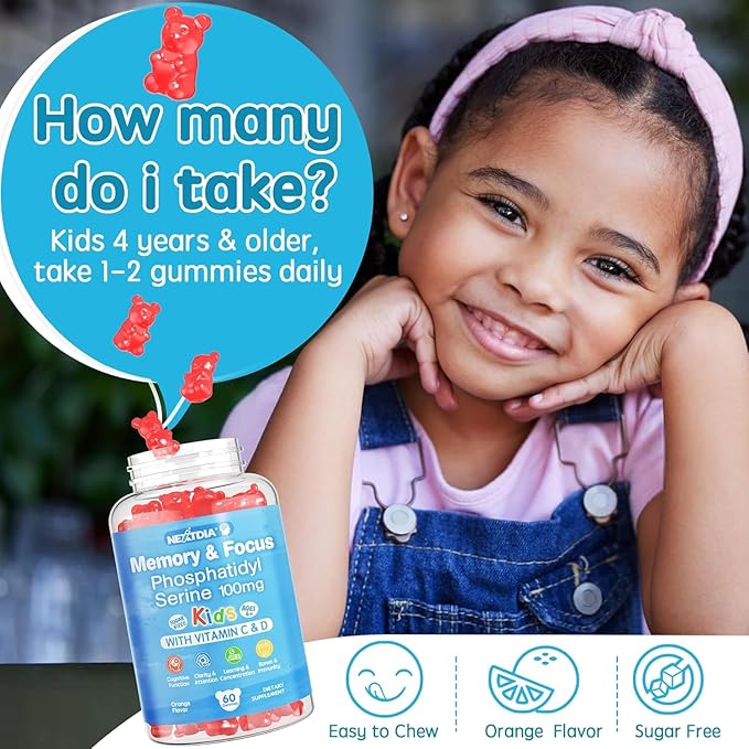 Phosphatidylserine Supplement 100mg, Focus Gummies for Kids Teens + Vitamin C & D3 400IU, Sugar Free Kids Brain Gummies Increase Attention & Concentration, Chewable, Vegan, Gluten Free, Non-GMO 60Cts