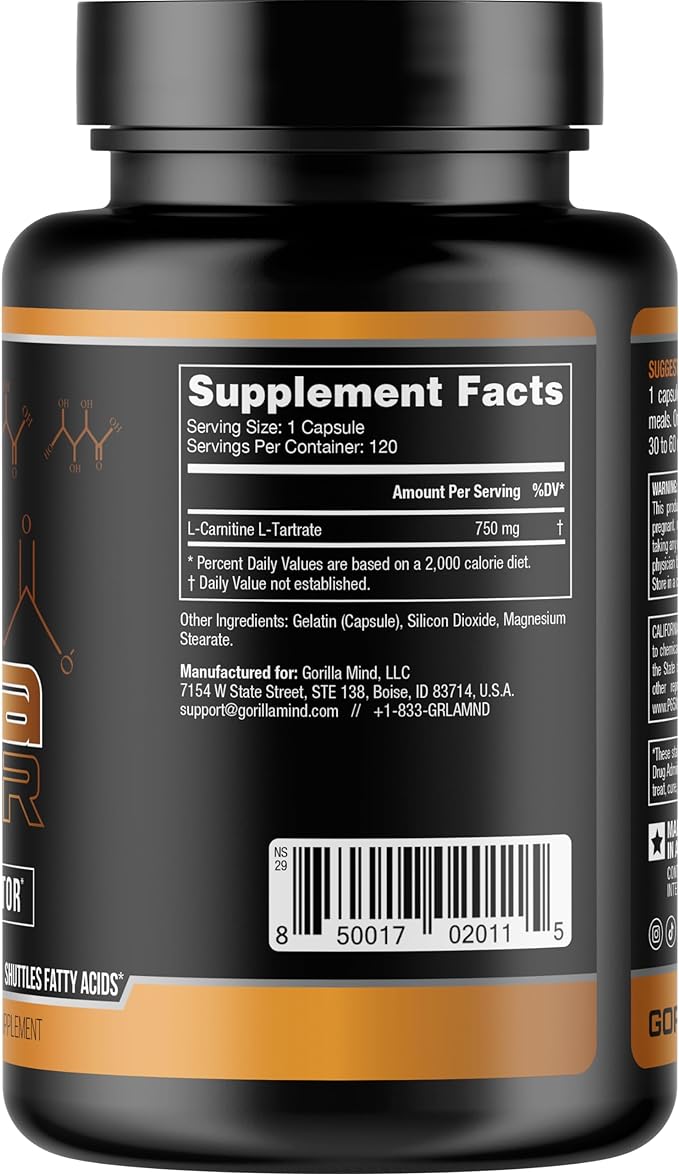 Gorilla Mode AR Carnitine 750mg Capsules – Androgen Receptor Upregulator/Boosts Cellular Energy, Upregulates Androgen Receptor Density/Shuttles Fatty Acids (120 Capsules)