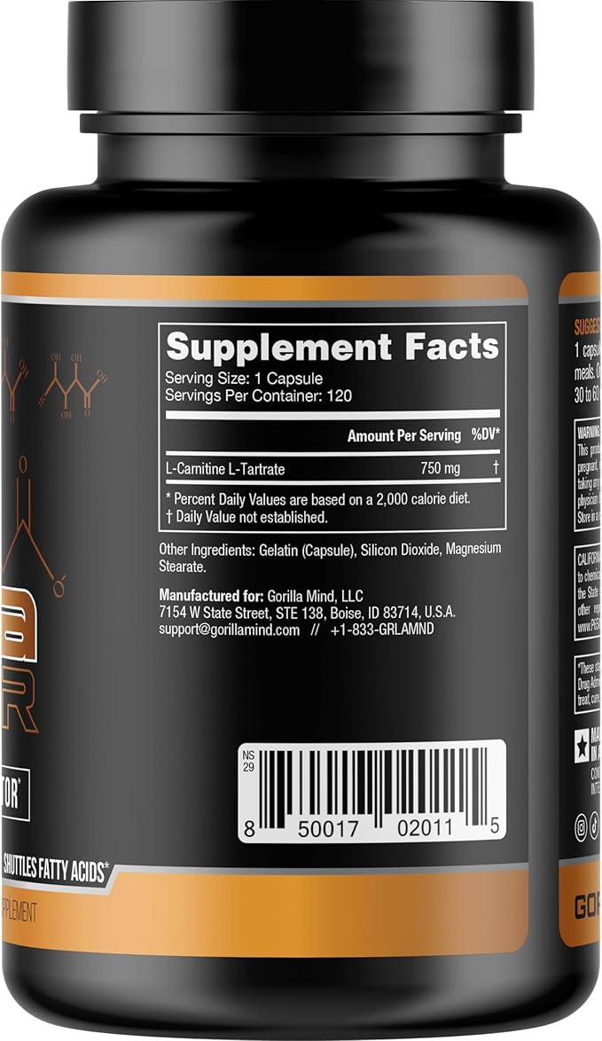 Gorilla Mode AR Carnitine 750mg Capsules – Androgen Receptor Upregulator/Boosts Cellular Energy, Upregulates Androgen Receptor Density/Shuttles Fatty Acids (120 Capsules)