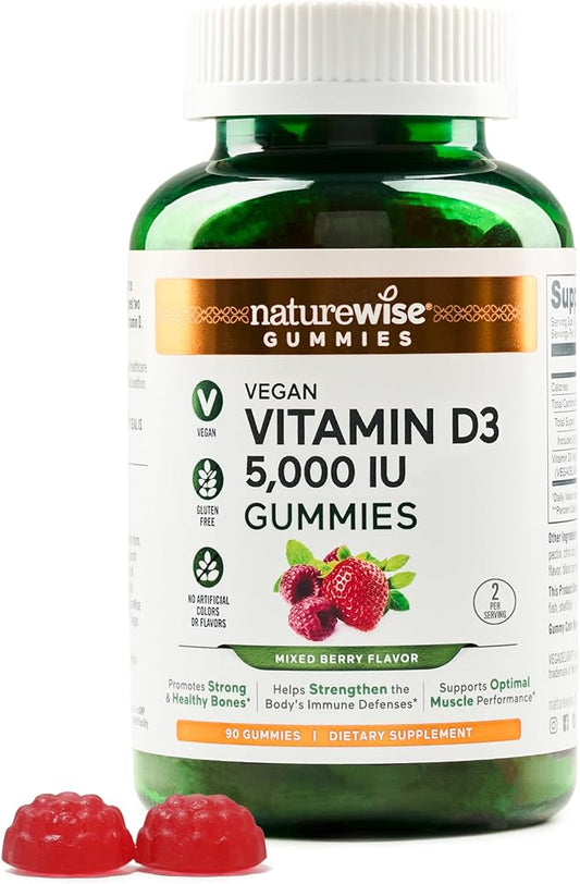 NatureWise Vitamin D3 5000 IU Gummies - Mixed Berry Flavor - Vegan D from Lichen, Pectin Based, Immune Support for Adults, Muscle & Bone Strength - Gluten Free, Non-GMO - 90 Count[45-Day Supply]