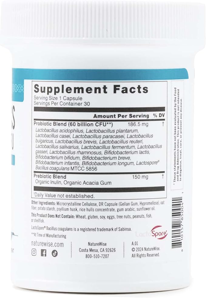 NatureWise Probiotics 60 Billion CFU - 17 Strains + Organic Prebiotics - Immune, Digestive & Gut Health Support for Women & Men - Vegetarian, Gluten-Free, Non-GMO - 30 Capsules[1-Month Supply]