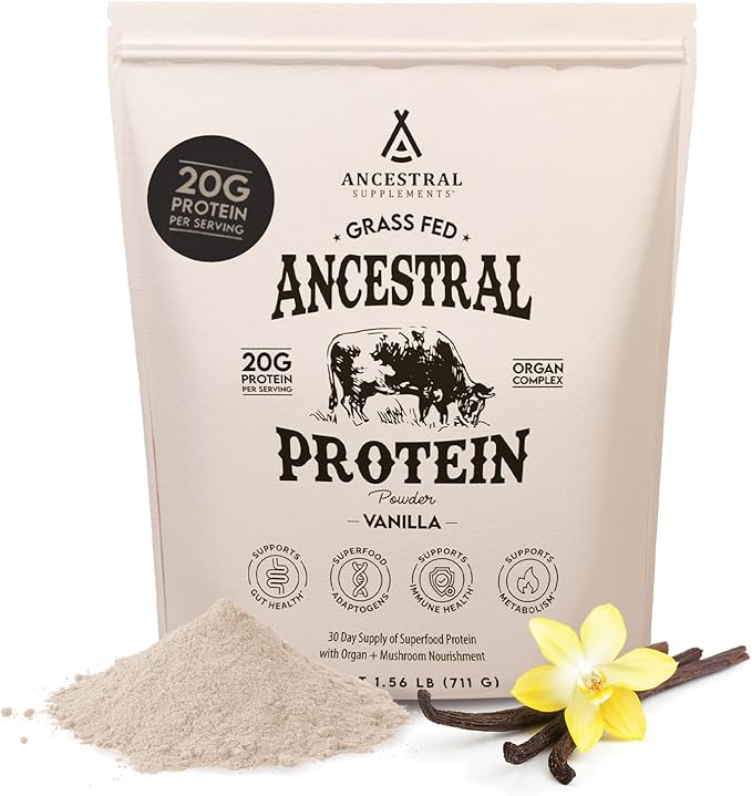 Ancestral Supplements Grass Fed Protein Powder, Vanilla, Beef Bone Broth Based with Beef Organs & Organic Mushrooms, Gut Health Support, High Protein Supplement, 20g Protein Per Serving, 30 Day Supply