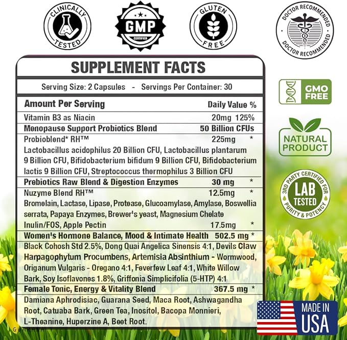 Lovely Menopause Supplement for Women - Hormone Balance, Hot Flashes, Mood Swings, Night Sweats & Vaginal Health, Dryness Relief - Black Cohosh, Dong Quai, Ashwagandha & Probiotics, 60 ct
