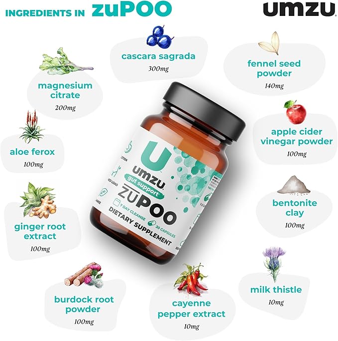 UMZU zuPOO Colon Health & Constipation Relief Supplement | Advanced Digestion Support with Apple Cider Vinegar, Ginger & Milk Thistle for Gas & Bloating (15 Day Supply | 30 Capsules)