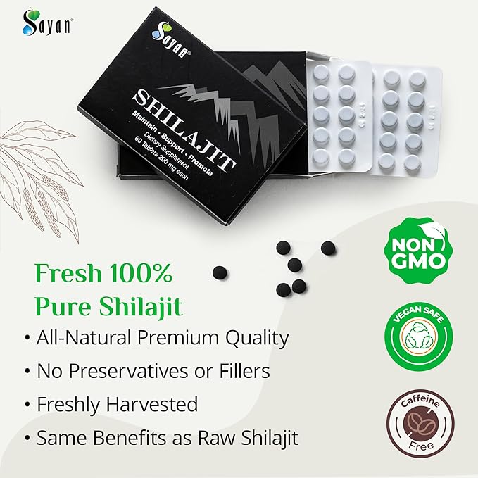 Sayan Shilajit Pure Organic Black Resin Mineral Tablets - Premium Quality Supplement Drops for Men and Women (120 Tablets, 2 Month Supply) for Immune Support, and Energy Boost