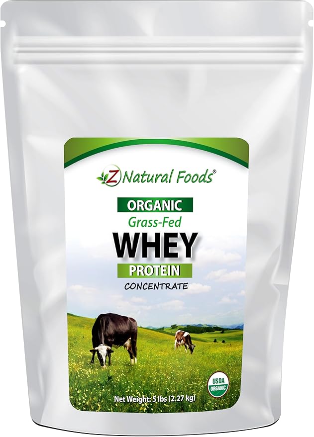 Z Natural Foods Organic Whey Protein Concentrate - Nutrient-Dense Grass Fed Whey Protein Powder - Cold Processed Pure Whey Protein with Essential Amino Acids for Nutrition & Fitness, Unflavored, 5 lbs