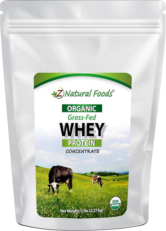 Z Natural Foods Organic Whey Protein Concentrate - Nutrient-Dense Grass Fed Whey Protein Powder - Cold Processed Pure Whey Protein with Essential Amino Acids for Nutrition & Fitness, Unflavored, 5 lbs