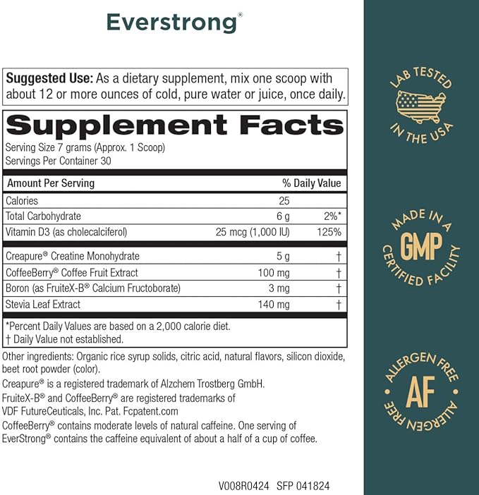 Purity Products EverStrong Powder from Muscle Matrix Blend - Creapure Creatine - Boron (FruiteX-B PhytoBoron) - CoffeeBerry Extract - Boosted with 1000 IU Vitamin D - Berry Burst (210 g)