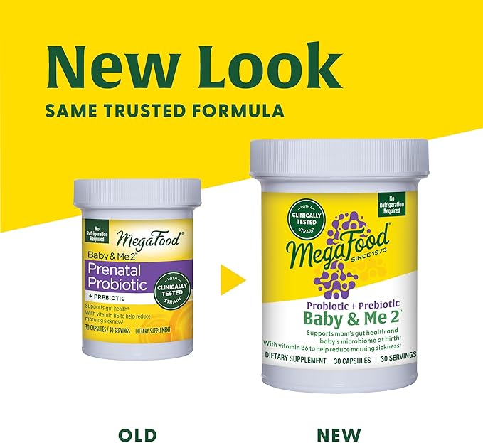 MegaFood Baby & Me 2 Prenatal Probiotic - Vegetarian Pregnancy Prebiotics and Probiotics for Women, Digestive Health & Immune Support with Vitamin B6 for Morning Sickness Relief - 30 Capsules