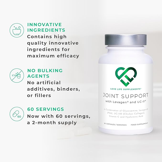 Joint Support, 2 Month Supply - 60 Capsules, with Glucosamine, Vitamin C, Hyaluronic Acid, Levagen® + UC-II® Chicken Collagen Type 2 for Joint Pain Relief, Joint Care Supplements for Men & Women