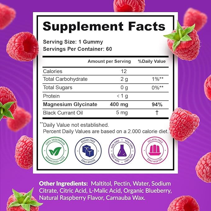 Magnesium Glycinate Gummies 400mg, Magnesium for Slеep, Body Support and Relaxation, Raspberry Magnesium Gummies for Adults with Blackcurrant Oil, Sugar Free, Non GMO, Gluten Free, 60 Days Supply
