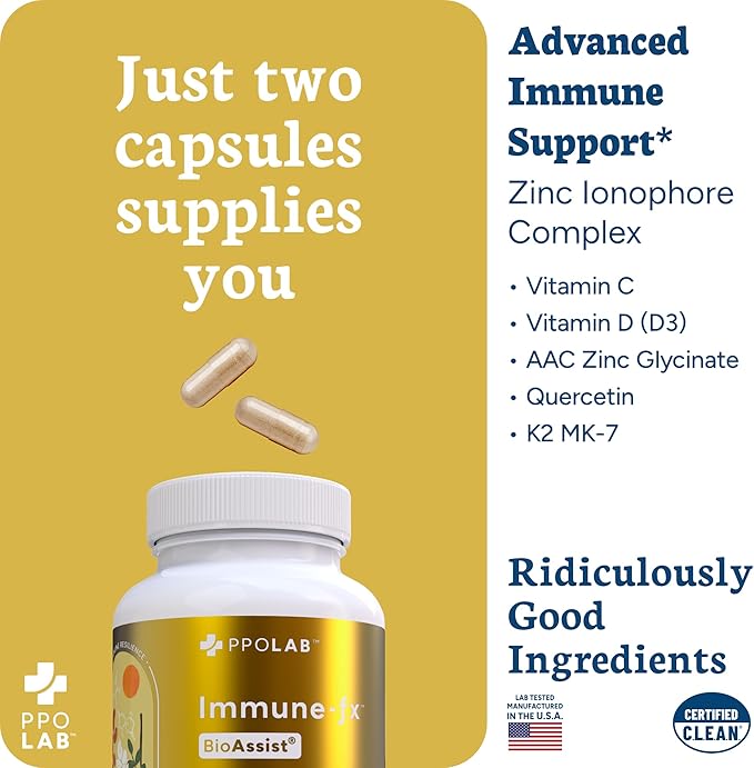 Immune-fx™ Advanced Daily Chelated Zinc Ionophore Immune Support Supplement with Quercetin 500mg Bioflavonoid, Antioxidant Vitamin C, D3, K2, DNA Heart Lung Aid, Clean Certified® 120 Vegan Capsules