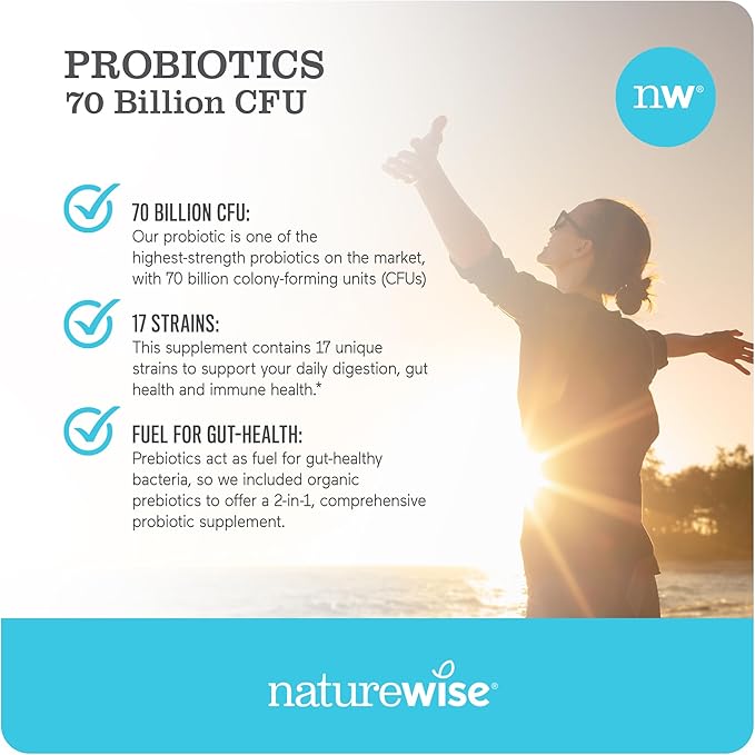 NatureWise Probiotics 70 Billion CFU - 17 Strains + Organic Prebiotics - Immune, Digestive & Gut Health Support for Women & Men - Vegetarian, Gluten-Free, Non-GMO - 30 Capsules[1-Month Supply]