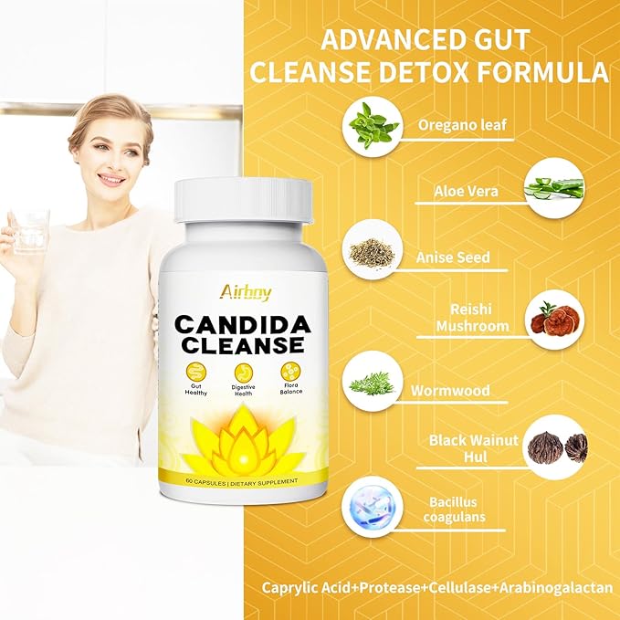 Airboy Candida Cleanse,Gut Colon Cleanse Detox for Women & Men,Candida Support with Oregano Leaf, Caprylic Acid，Wormwood, Black Walnut-60 Counts