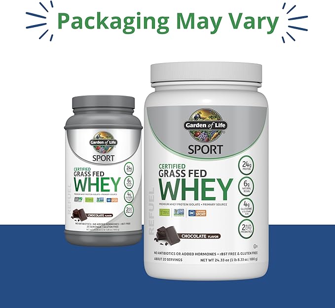 Garden of Life Sport Whey Protein Powder Chocolate, Premium Grass Fed Whey Protein Isolate Plus Probiotics for Immune System Health, 24g Protein, Non GMO, Gluten Free, Cold Processed - 20 Servings