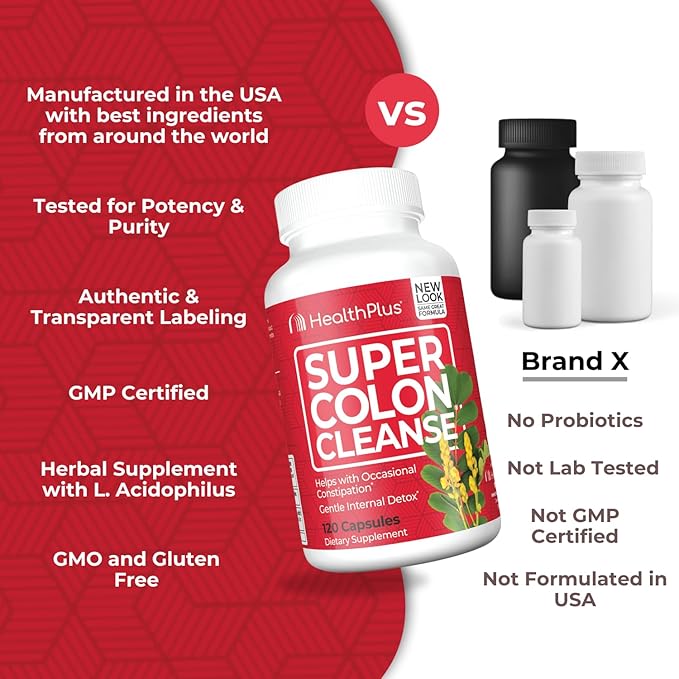Health Plus Super Colon Cleanse 10 Day Gentle Gut Cleanse Detox, Psyllium Husk, Probiotics for Constipation Relief & Digestive Support, 120 Capsules