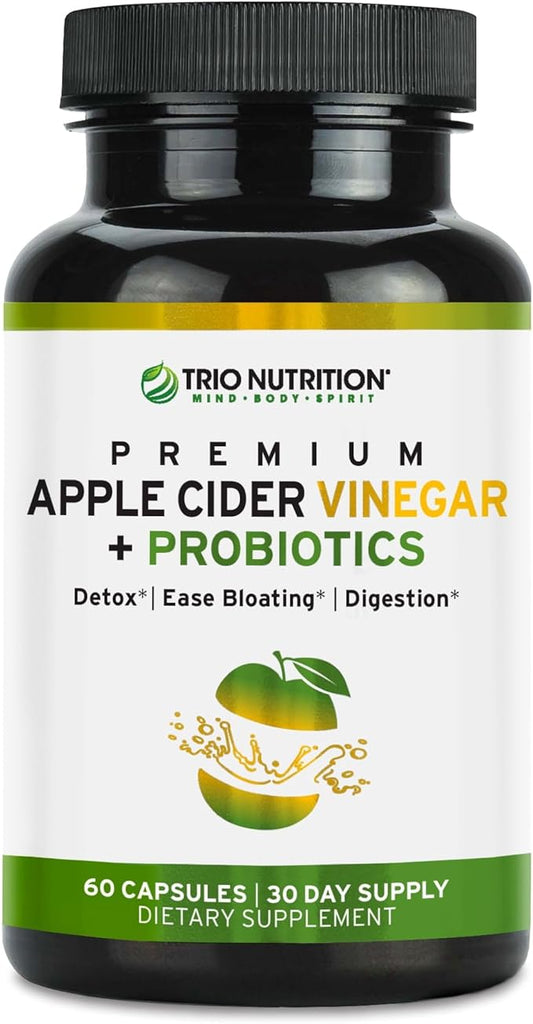 TRIO NUTRITION Apple Cider Vinegar Capsules with Billions of Multi-Strain Probiotics & L-Carnitine - Sugar Free ACV Capsules with The Mother for Gut Health, Immunity, Body Cleanse & Healthy pH*