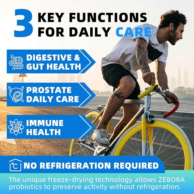 ZEBORA Probiotics for Men 100 Billion CFU - Probiotics for Digestive Health, Men's Probiotics Supplement, Prebiotics & Enzymes, for Prostate Health with Saw Palmetto | 90 Veg Capsules
