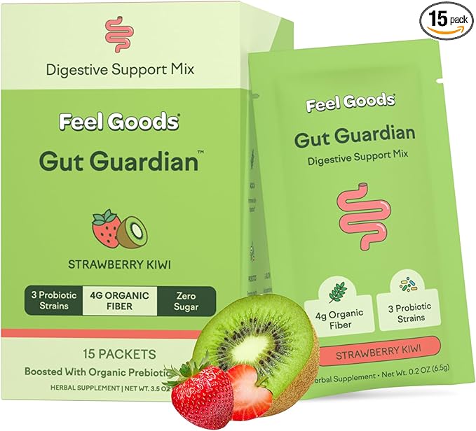 Feel Goods Gut Guardian, Prebiotic & Probiotic Powder, Organic Fiber, Sugar Free, Herbs for Bloat, Gut Health Support, Digestive Health for Men & Women, Non GMO, Vegan | Strawberry Kiwi, 15 Count
