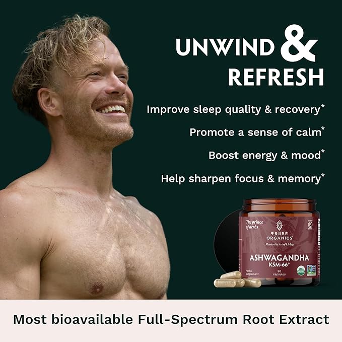 TRIBE ORGANICS Ashwagandha KSM 66 Pure Organic Root Powder Extract Ayurvedic Supplement - Focus Mood Support Increase Energy Strength 600mg of Natural KSM66 for Superior Absorption - 90 Capsules