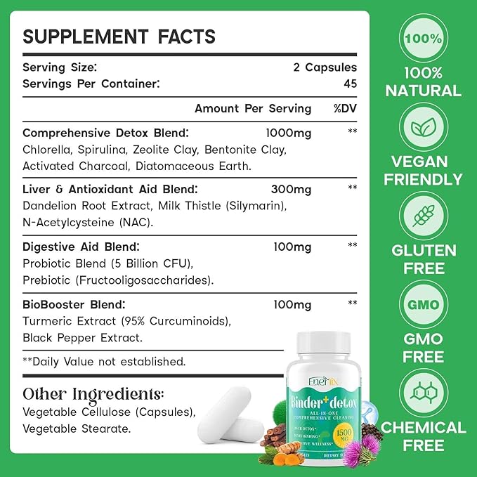 15-in-1 Detox Binder, Activated Charcoal, Zeolite & Bentonite Clay, Chlorella, 1500 MG Supplement Maximum Absorbent, Liver Gut Digestive Toxin Detox Cleanse, 180 Vegan Capsules