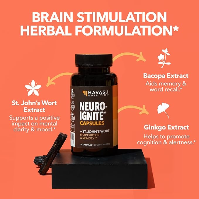 NeuroIgnite Brain Supplements for Memory and Focus Support with St Johns Wort & Ginkgo Biloba - Nootropics Brain Support Supplement - Cognitive & Memory Supplement for Brain Health - 2 Month Supply