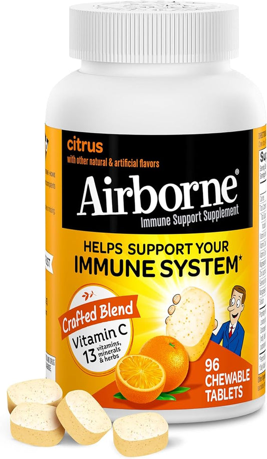 Airborne 1000mg Chewable Tablets with Zinc, Immune Support Supplement with Powerful Antioxidants Vitamins A C & E - 96 Tablets, Citrus Flavor