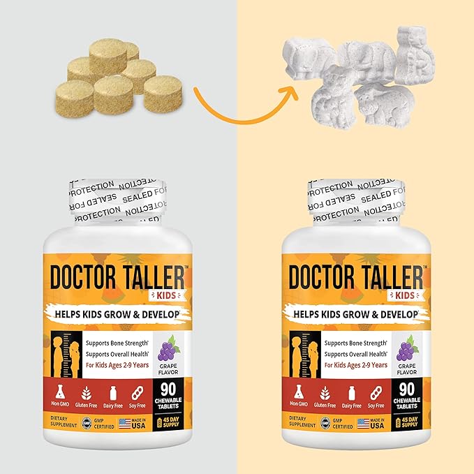 Doctor Taller Kids - Kids Multivitamins, Toddler Vitamins - Support Bone Strength, Enhanced Immunity with Calcium, Multivitamins for Ages 2 to 9 - Grape Flavor - 90 Vegan Chewable Tablets | 1 Pack