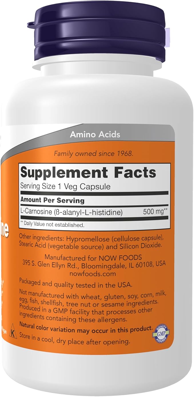 NOW Foods Supplements, L-Carnosine (Beta-Alanyl-L-Histidine) 500 mg, Healthy Aging, 100 Veg Capsules