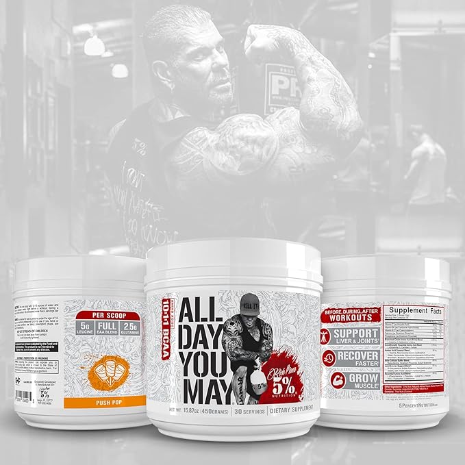 5% Nutrition Rich Piana AllDayYouMay BCAA Powder | Premium Intra & Post Workout Amino Acids, Hydration, Endurance, Muscle Recovery, Joint & Liver Support | 15.87 oz, 30 Servings (Push Pop)