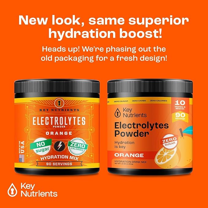 KEY NUTRIENTS Multivitamin Electrolytes Powder No Sugar - Tangy Orange Electrolyte Powder - Endurance & Energy Supplement - Hydration Powder - No Calories - 90 Servings - Made in USA